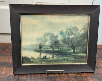 Litografia antiga estilo cottagecore, cena pastoral, Lady Pond Meadows, Reinthal Newman