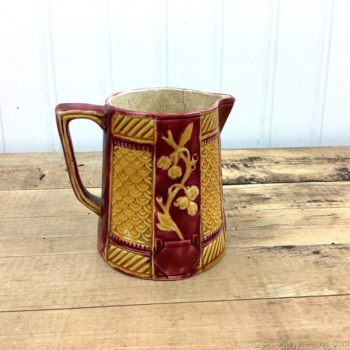 Antique Wedgwood Majolica Pitcher Creamer Cranberry Red Muted Yellow Tones