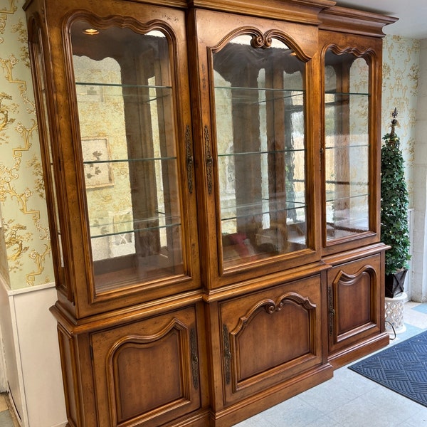 Vintage Century Signed China Cabinet Large 94" L 94" T Mirrored Back Glass Shlvs