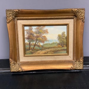 Vintage Oil Painting Landscape Gold Gilt Frame Linen Trim Fall Trees Blue Sky