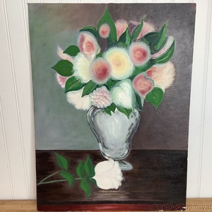 Vintage Painting White Pink Flowers Green Leaves Cottage Chic Artist Board 18x24