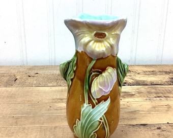 Vintage Majolica Petite Bud Vase Lavender Iris Flower Green Leaves Brown Back