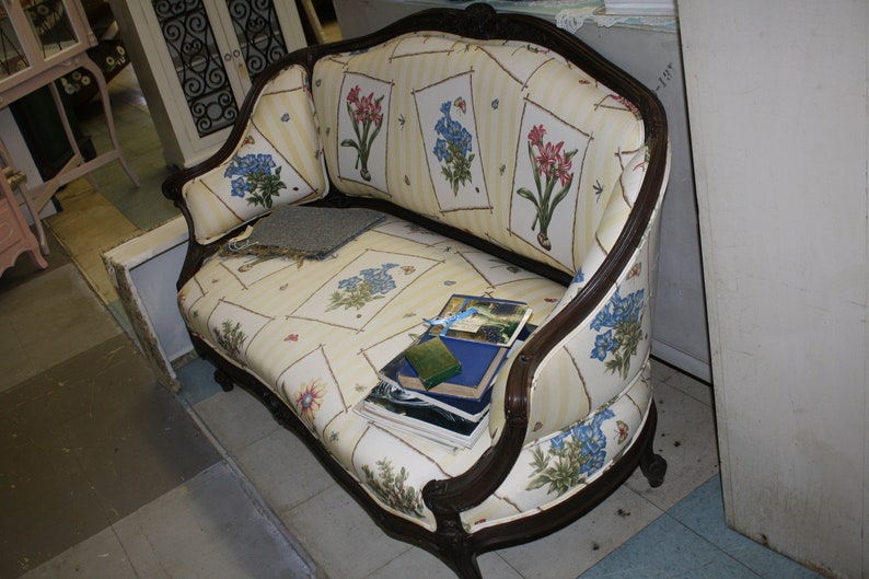 Victorian Sofa Settee Loveseat Carved Wood Frame Botanical Floral upholstery Yellow Stripes English Vintage Antique Seating