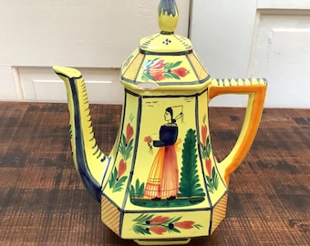 Vintage French Teapot HB Quimper Bretonne Tall Woman Design Yellow Blue