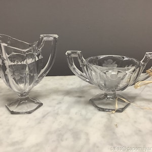 Etched Floral Glass Sugar and Creamer Set Trophy Handles Thick Glass