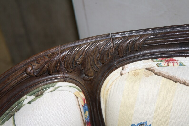 Victorian Sofa Settee Loveseat Carved Wood Frame Botanical Floral upholstery Yellow Stripes English Vintage Antique Seating