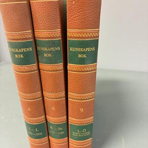 スウェーデン語百科事典3冊（茶色革装丁、緑と金色、1959年、自然と文化）