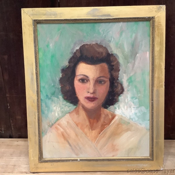 Vintage Oil Painting Female Portrait Brunette Peach Gown Dark Eyes Gold Frame