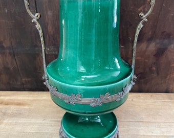 Wilhelm Schiller & Sons Green Majolica Pottery Urn Vase Bronze Mounted Handles