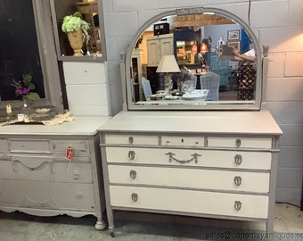 French Provincial Dresser w Swing Mirror Gray White w Silver Handles Floral Chic
