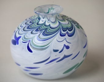 Art Glass Vase Blue Green White Swirl Pattern Unsigned Smooth Bottom 3.25" Tall Modern Collectible Art Glass