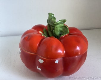 Antique Royal Bayreuth Tomato Bowl w Lid Red Green Stem Porcelain Sugar Bowl