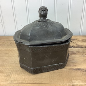 18th C Lead Tobacco Box Jar Figural Head Lid