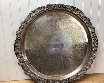 Vintage Silverplate Round Tray Towle Shell Scroll Trim Etched Repousse Center