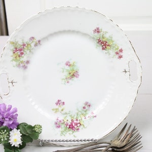 Victoria Austria Plate Cake Dessert Serving Tray Round Platter Purple Flowers Vintage Porcelain Dessert Gold Trim White Wedding Shabby Chic