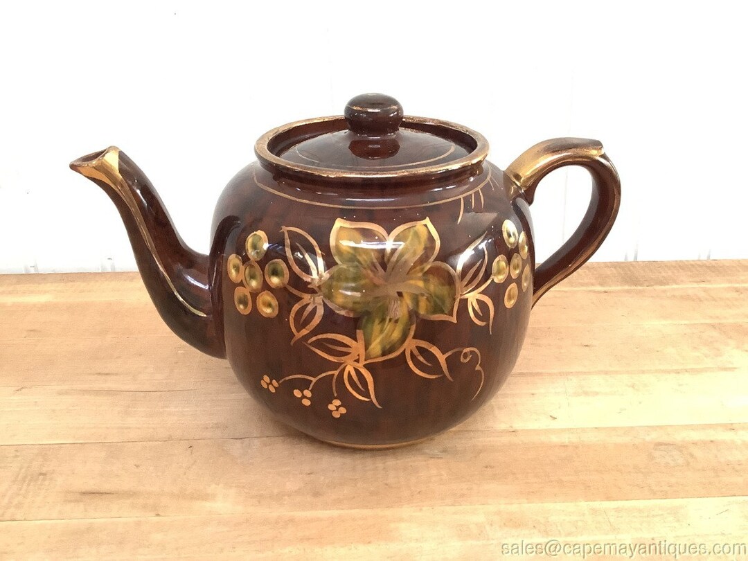 English Price Brothers Teapot Vintage Brown Gold Green Leaf Pattern Etsy