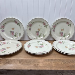 6 Vintage Mt Clemens Pottery Floral Dinner Plates White Platinum Trim USA