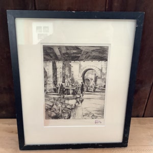 Signed Earl Horner Etching Dry Point Print Under Manhattan Bridge Framed Matted