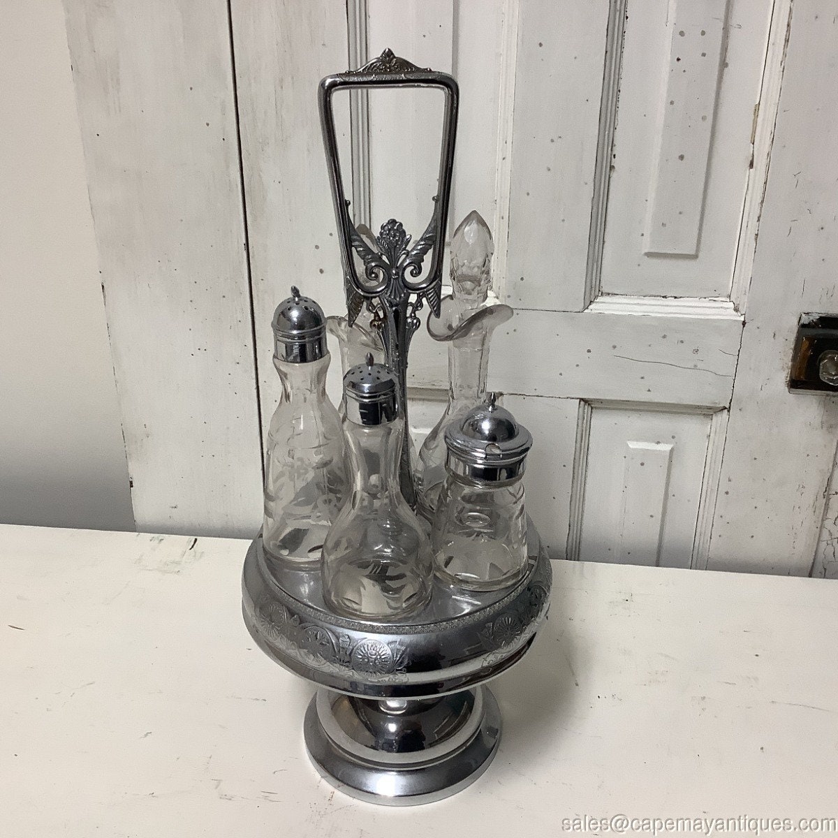 Antique Silverplate Cruet Set in Stand 5 Glass Bottles Shakers
