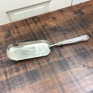 Puede incluir: Una cuchara de servir plateada con un mango ornamentado y un cuenco rectangular. El mango presenta grabados detallados y el cuenco tiene un sutil patrón floral. La cuchara está diseñada para servir alimentos.