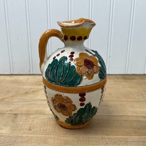 Vintage Art Pottery Ceramic Small Jug Bud Vase Floral Painted White Yellow Green