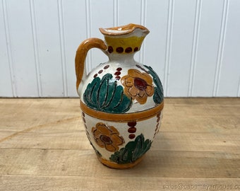 Vintage Art Pottery Ceramic Small Jug Bud Vase Floral Painted White Yellow Green