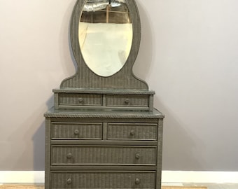 Henry Link Wicker Dresser w Detached Top Oval Mirror Drawers