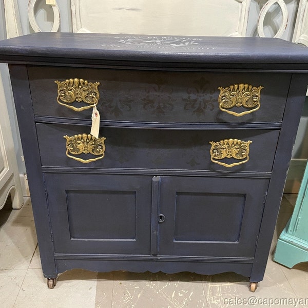 Antique Painted Wash Stand Small Storage Table Gold Handles Dark Blue Black