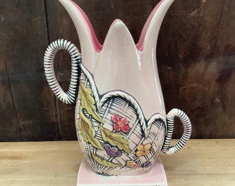 Hull USA T7 Pottery Blossom Flite Vase Double Handle 1955 Retro MCM Pink Black