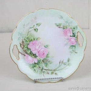 Antique Platter Hand Painted Dessert Tray Round Pink Roses Green Gold Handles