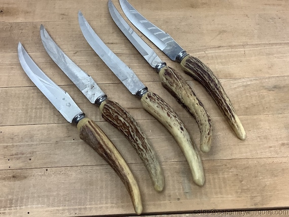 5 Voos Stainless Steak Knives Faux Horn Bone Handles Vintage German 