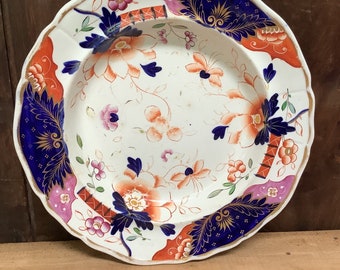 Antique Davenport Large Soup Bowl Stone China Cobalt Blue Orange Floral 17th C