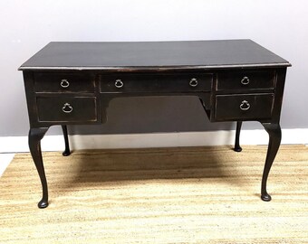 Vintage Solid Wood Desk Painted Sophisticated Black French Form Lgtly Distressed