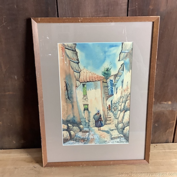 Watercolor Colored Pencil Drawing Art South America Street Scene Stone Streets