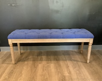 Blue Denim Tufted Long Bench Seat Wood Carved Legs Natural Tone 50" L