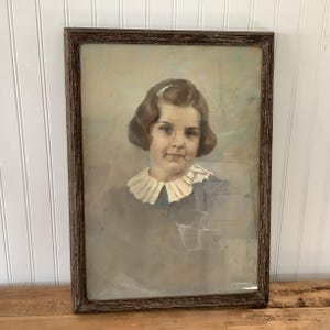 Antique Painting or Colorized Photo on Canvas Under Glass Framed Girl Portrait
