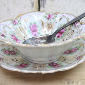 Condiment Serving Bowl w Under Plate Pink Roses Gold Trim White Vintage Asian