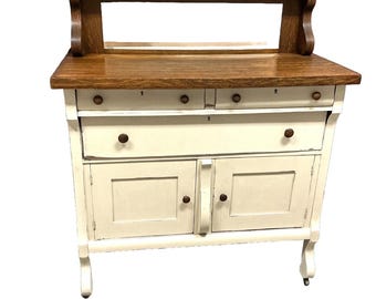 Antique Petite Sideboard Buffet w Mirror Oak Wood Painted Canvas White Farmhouse