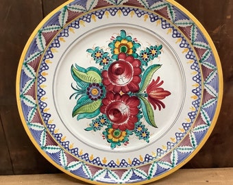 Large Italian Platter Charger Signed Dated Back BB 1946 Floral Mauve Blue Yellow