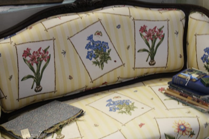 Victorian Sofa Settee Loveseat Carved Wood Frame Botanical Floral upholstery Yellow Stripes English Vintage Antique Seating