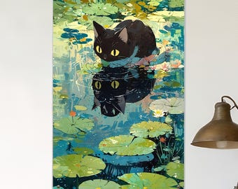 Schwarze Katze Reflection Metallschild, künstlerischer Teich Seerosenblatt Wandkunst, Tier Illustration Blechschild, Wohnzimmer ruhige Natur Dekor Katzenliebhaber Geschenk