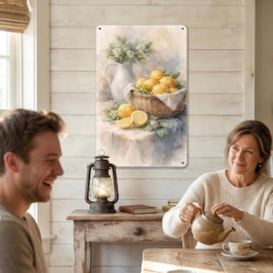 Metalen bord aquarel, citroenen bord, rieten mand metalen decor, bord decor vers citrusfruit, bord keramische kan, meerdere maten