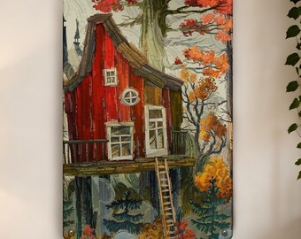 Kundenspezifisches wunderliches Baumhaus Metallschild, rotes Haus im Herbstwald-Wand-Dekor, gemütliches Waldblech, rustikales Kinderzimmer oder Cottagecore Geschenke