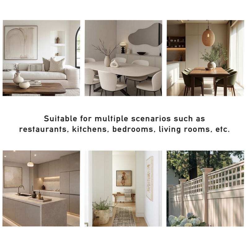 May include: A collage of interior design scenes, including a living room with a white sofa, a dining room with a long table and chairs, and a modern kitchen. Text reads: "Suitable for multiple scenarios such as restaurants, kitchens, bedrooms, living rooms, etc."