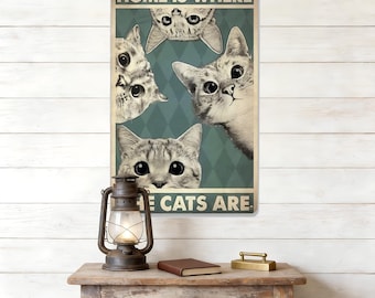Curious Cat Gesicht Metall Schild, Vintage Katze Collage Zeichen, Retro Haustier Poster Zeichen, niedliche Katzen Porträts Dekor, Zuhause ist, wo Katzen sind, Feline Liebhaber Kunst