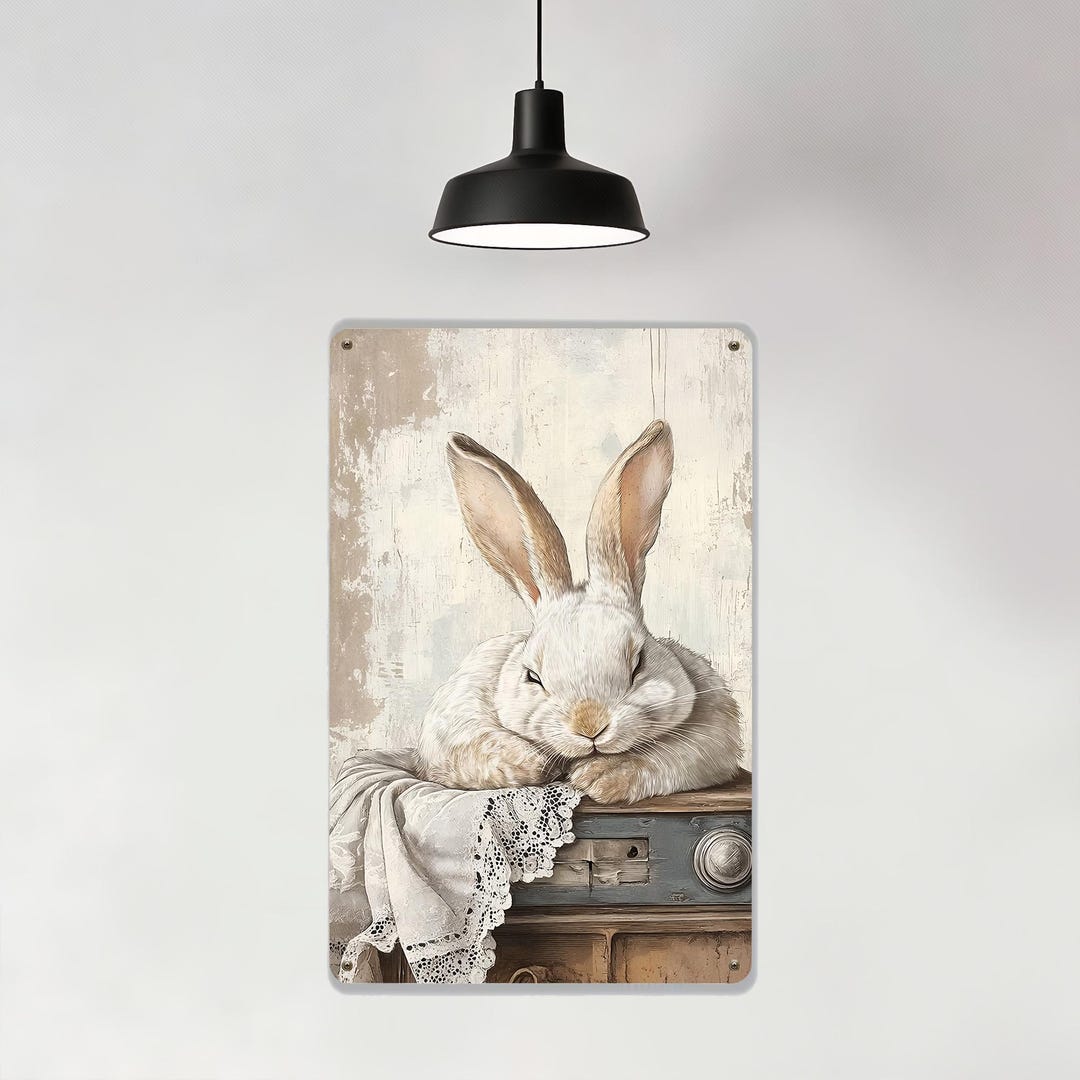 White Rabbit Metal Sign,rustic Wood Tin Sign, Vintage Metal Decor, Cute ...
