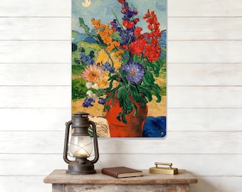 Lebendige Blumen Metallschild, Van Gogh Stil Blechschild, Post-Impressionismus Kunst Metall, Rote Mohnblumen Dekor, Wirbelndes Hintergrundschild, Orange Ringelblumen