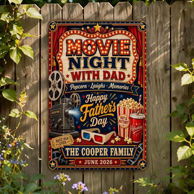 May include: A rectangular metal sign with a vintage movie night theme. The sign features text that reads "Movie Night With Dad" and "Happy Father's Day." It includes images of popcorn, a film reel, a movie projector, and 3D glasses.