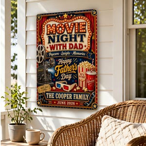 May include: A rectangular sign with a movie night theme. The sign features the text "Movie Night With Dad" with a vintage movie projector, popcorn, and a soda cup. The sign also includes the text "Happy Father's Day" and "The Cooper Family June 2026".