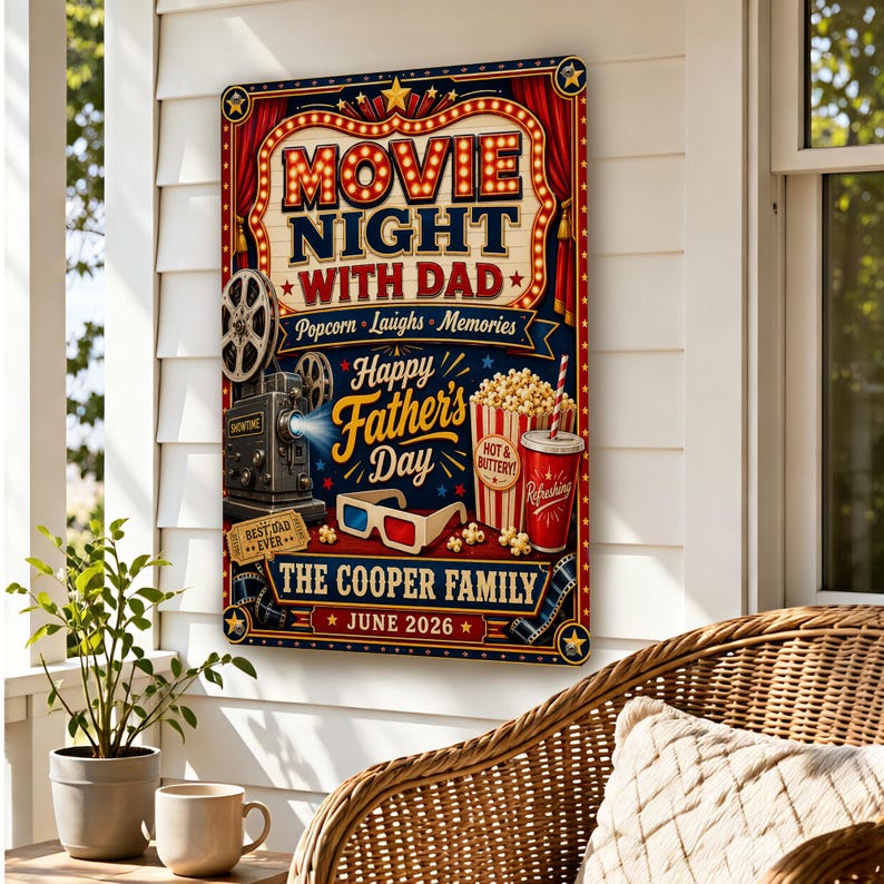 May include: A rectangular sign with a movie night theme. The sign features the text "Movie Night With Dad" with a vintage movie projector, popcorn, and a soda cup. The sign also includes the text "Happy Father's Day" and "The Cooper Family June 2026".